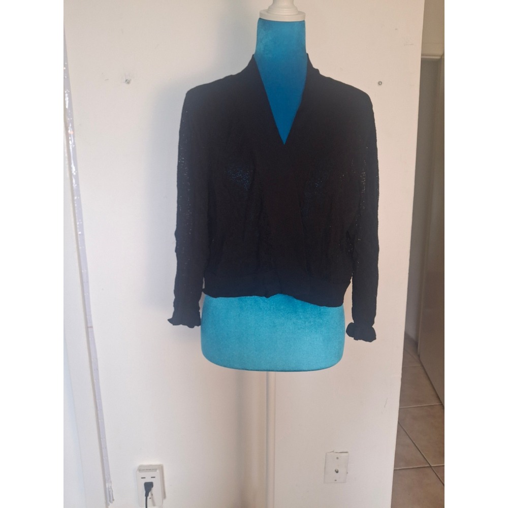 Calvin Klein Black Open Knit Wrap Cardigan Sweater XL CD8R11JM Ruffle Cuff